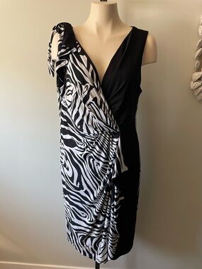 Joseph Ribkoff Zebra Animal Print Faux Wrap Sheath Dress Avant Garde Cocktail
